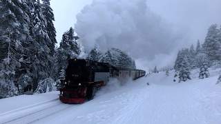 Nostalgische Dampfeisenbahn fährt durch tiefverschneiten Wald